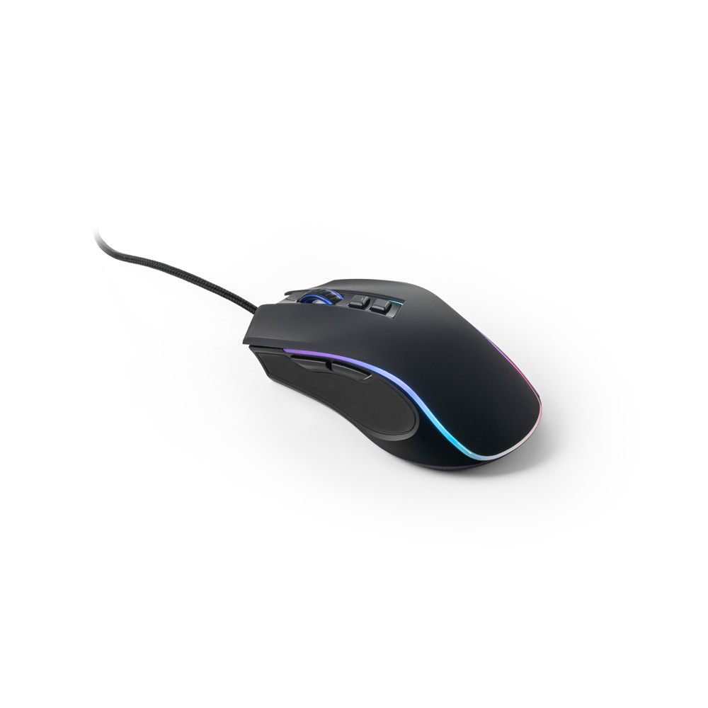 Mouse emborrachado para jogos em ABS com acabamento em borracha na cor Preto, personalizado com a logo da empresa