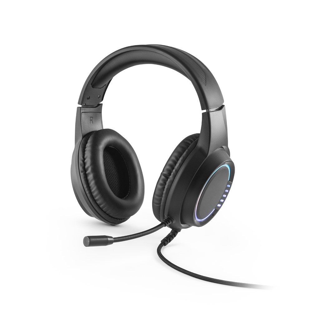 Fone de ouvido para gaming com luzes RGB e microfone de alta qualidade na cor Preto, personalizado com a logo da empresa