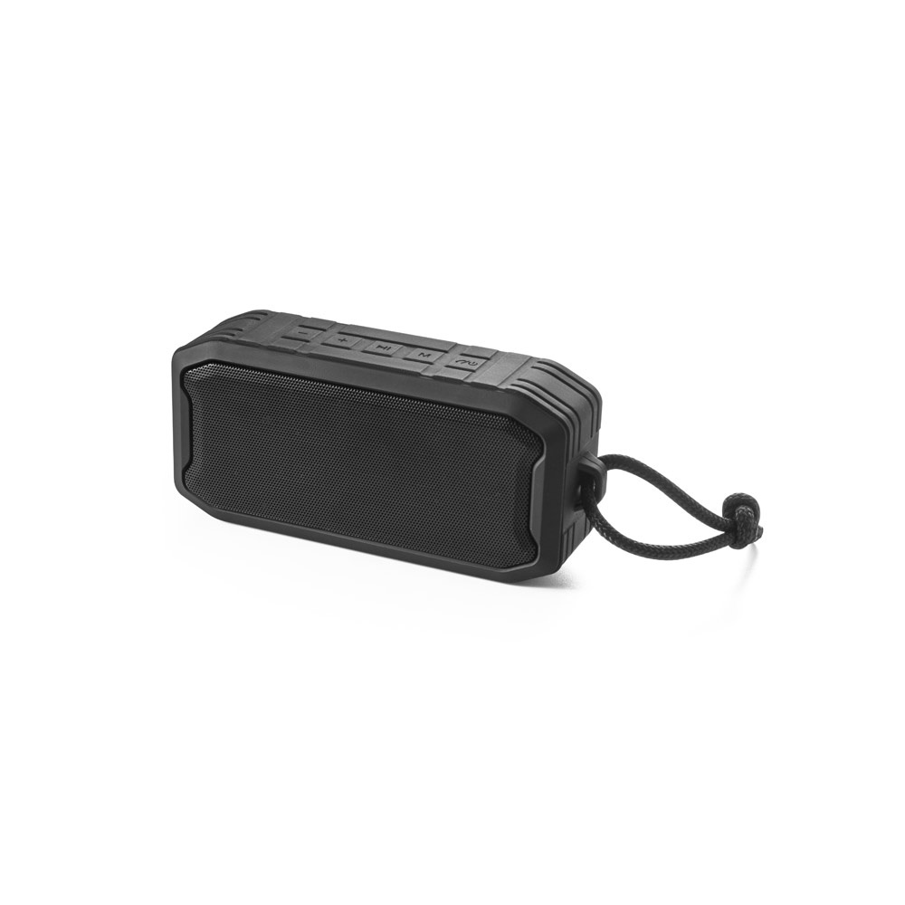 Caixa de som portátil à prova de água IPX7 com autonomia de 9 horas na cor Preto, personalizada com a logo da empresa