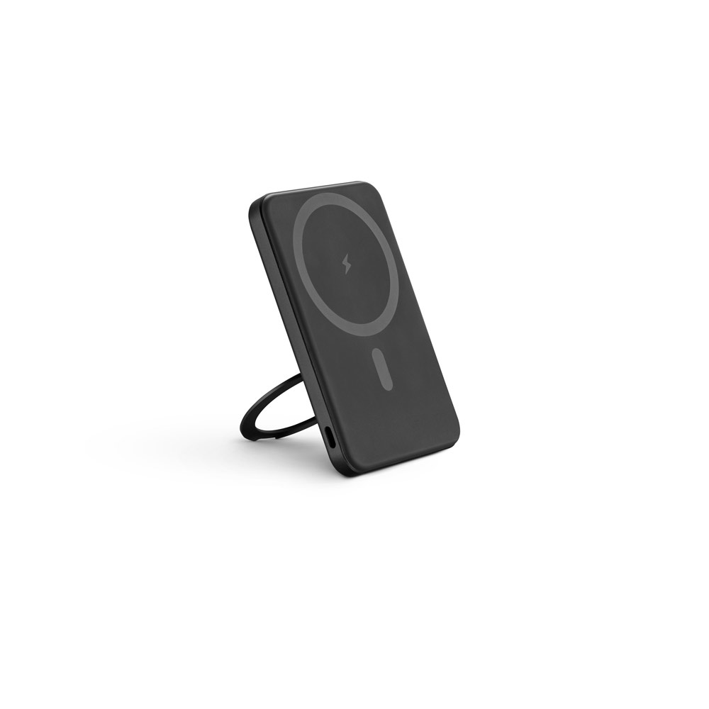 Bateria portátil magnética 5.000 mAh com indução super-rápida na cor Preto, personalizada com a logo da empresa