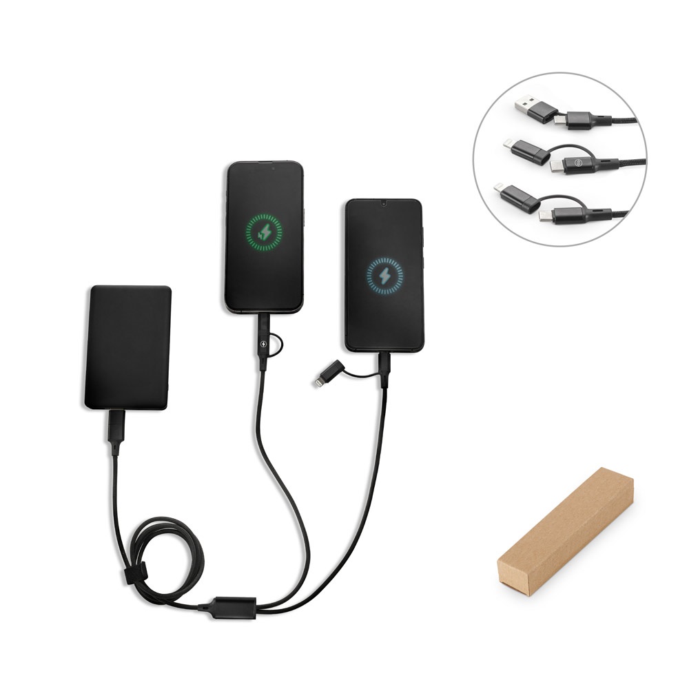 Cabo USB super-rápido 6 em 1 em alumínio e PET reciclados personalizado com a logo da empresa