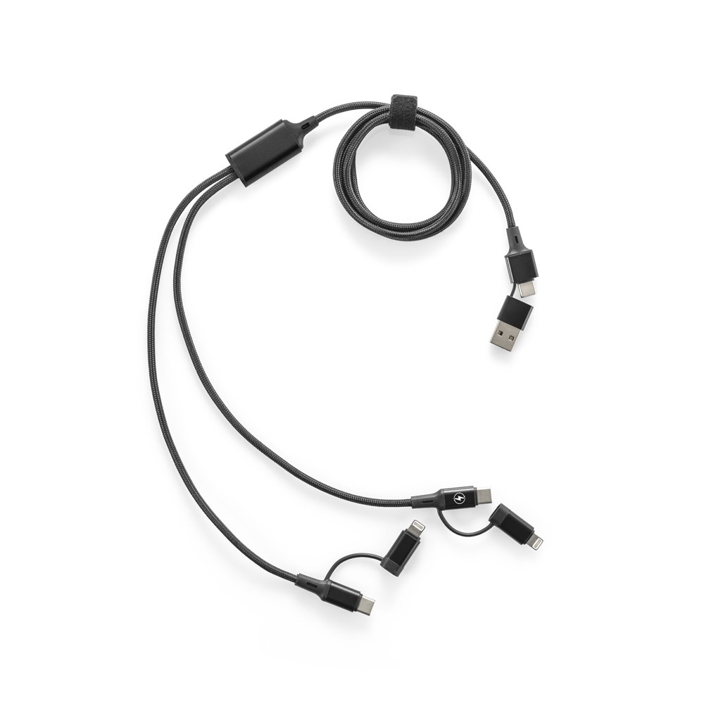 Cabo USB super-rápido 6 em 1 em alumínio e PET reciclados na cor Preto, personalizado com a logo da empresa
