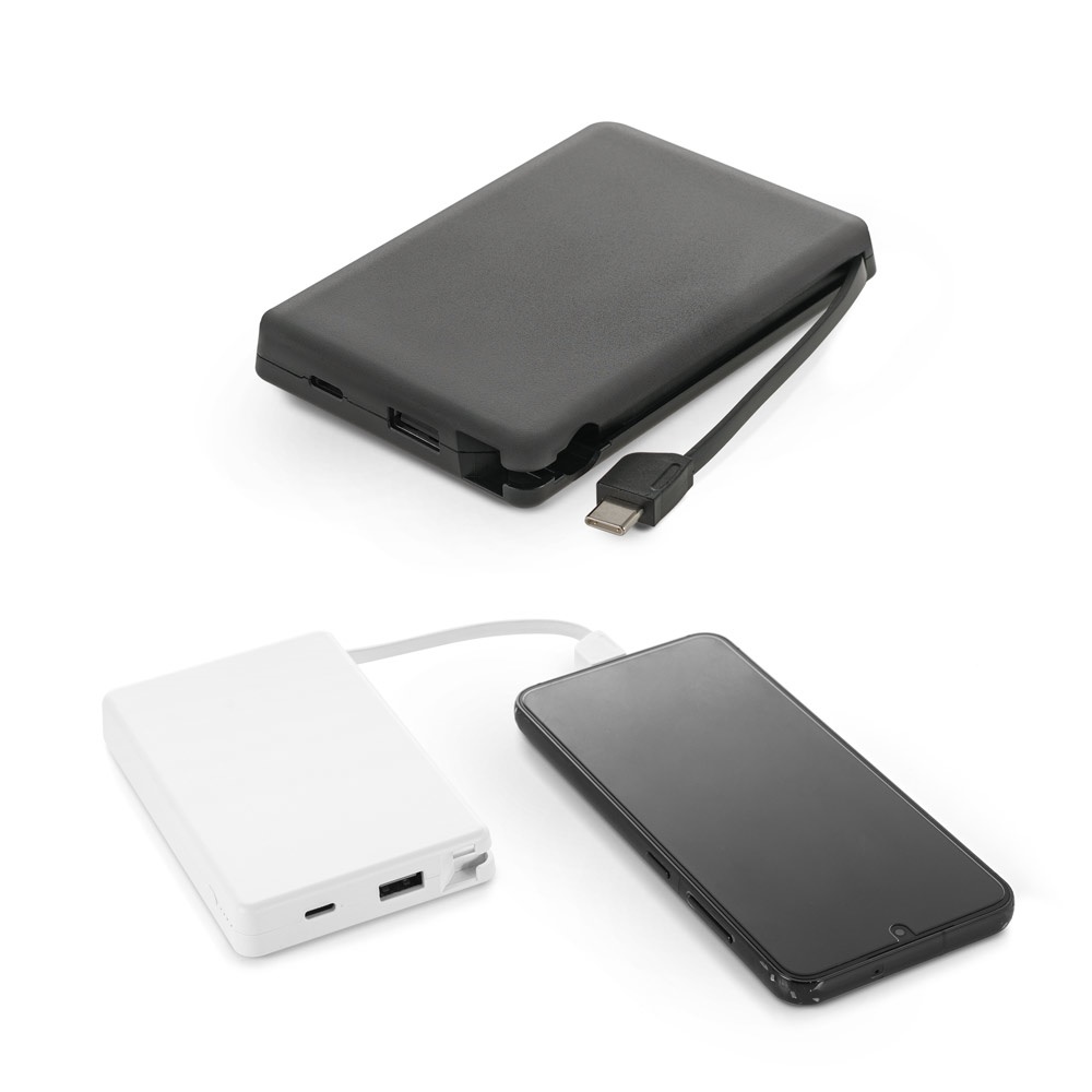 Bateria portátil 10.000 mAh com cabo integrado em ABS reciclado personalizada com a logo da empresa