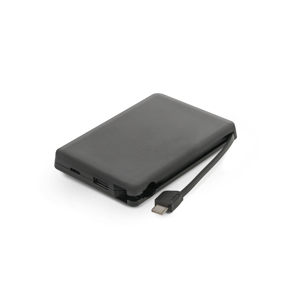 Bateria portátil 10.000 mAh com cabo integrado em ABS reciclado na cor Preto, personalizada com a logo da empresa