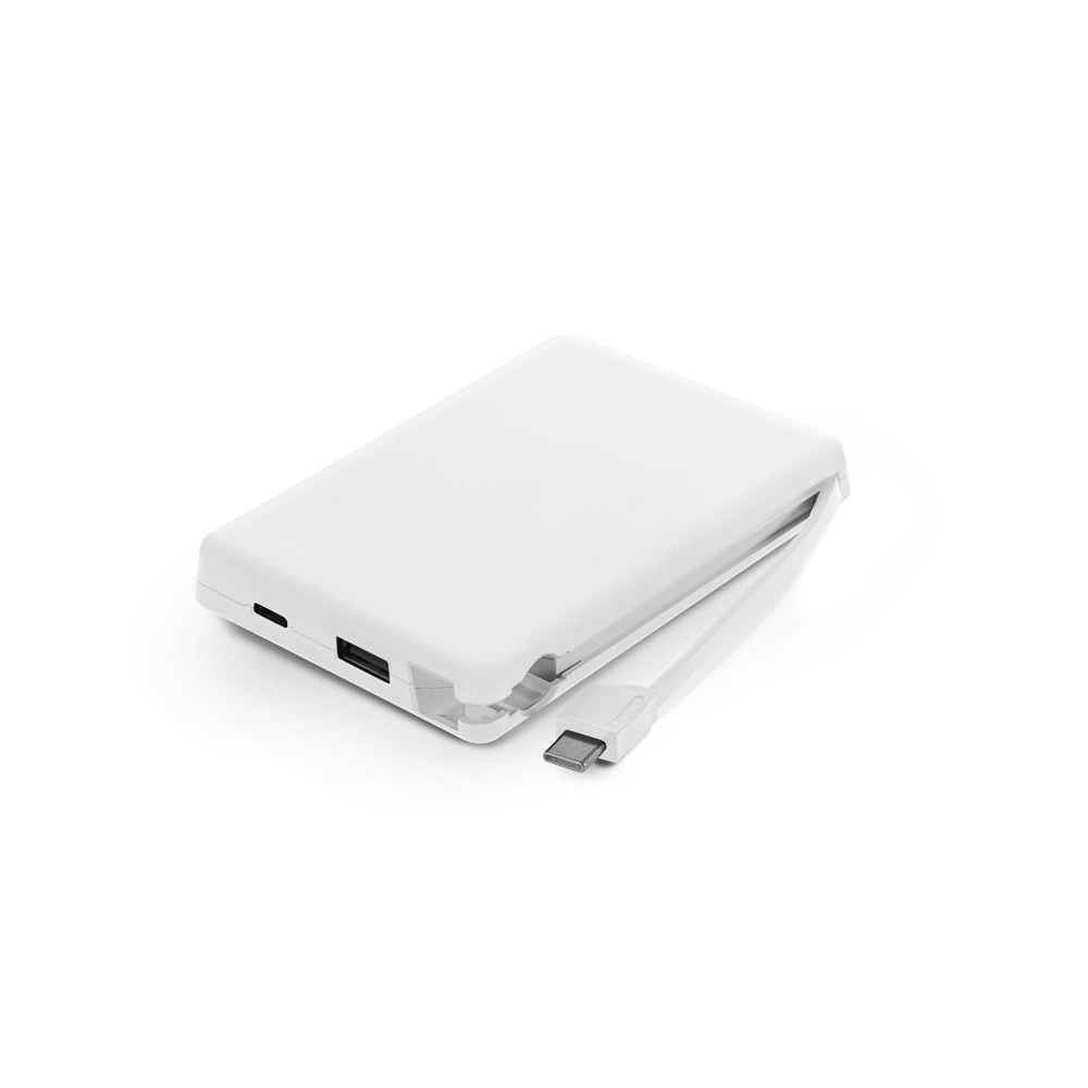 Bateria portátil 10.000 mAh com cabo integrado em ABS reciclado personalizada com a logo da empresa, na cor branco