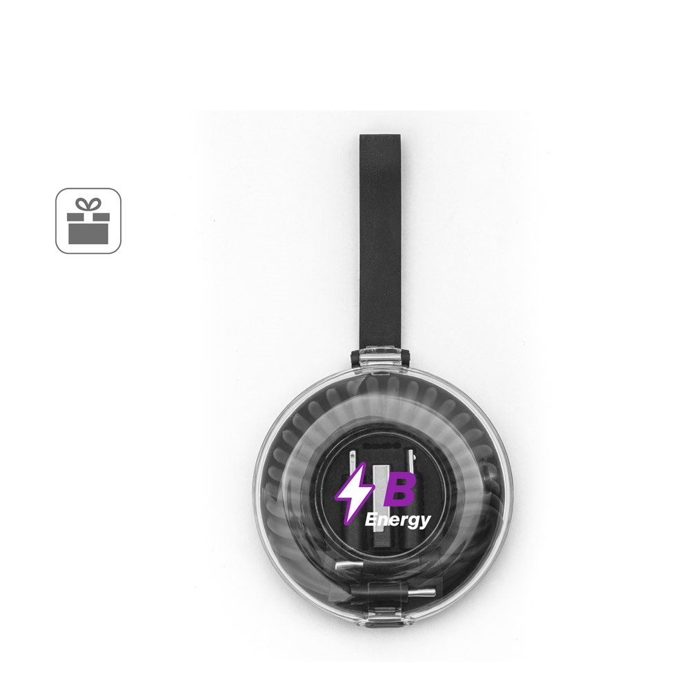 Conjunto composto por cabo espiral com carregamento super-rápido e adaptadores personalizado com a logo da empresa