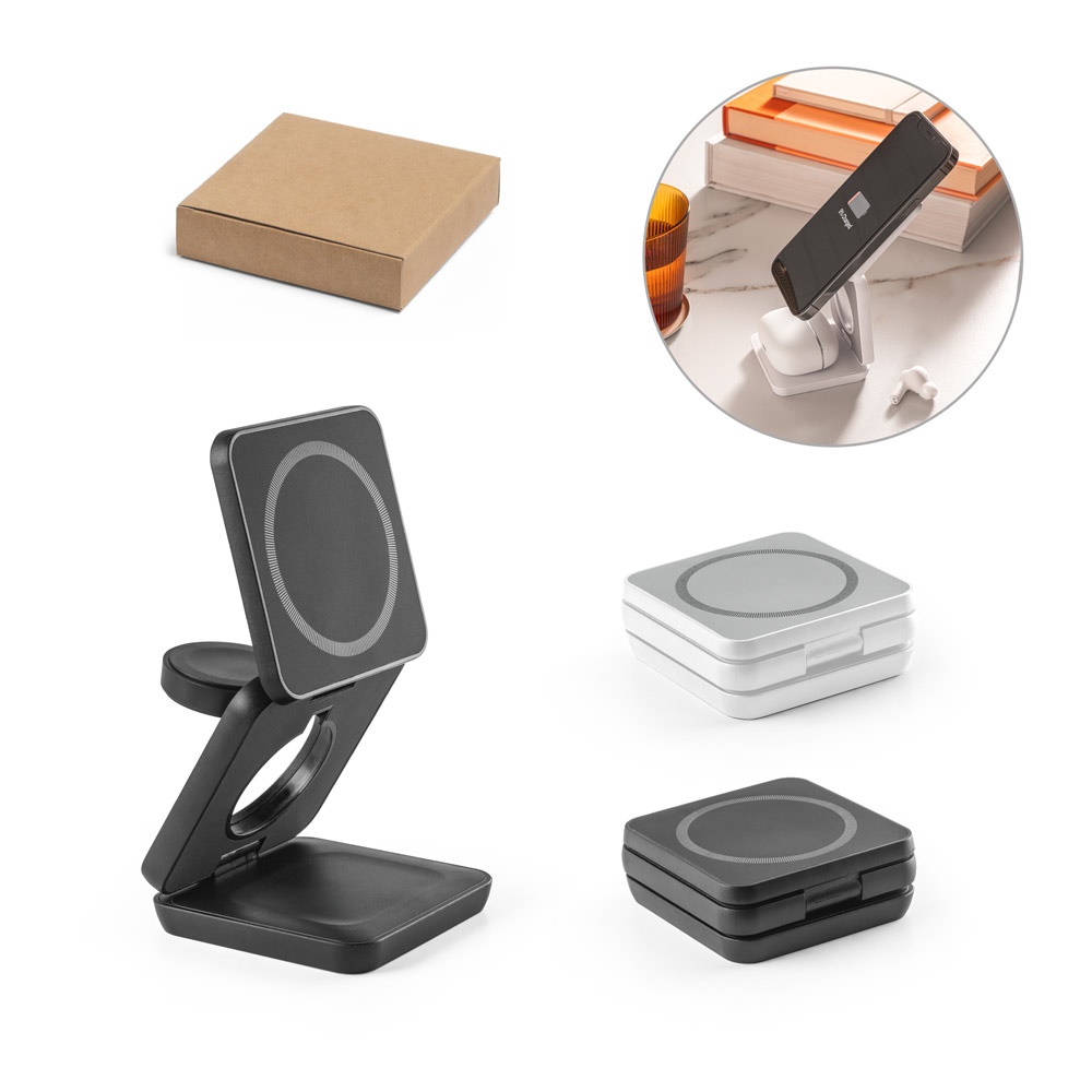 Carregador magnético por indução super-rápido (wireless), dobrável, que permite carregar três dispositivos simultaneamente, em ABS 100% reciclado personalizado com a logo da empresa