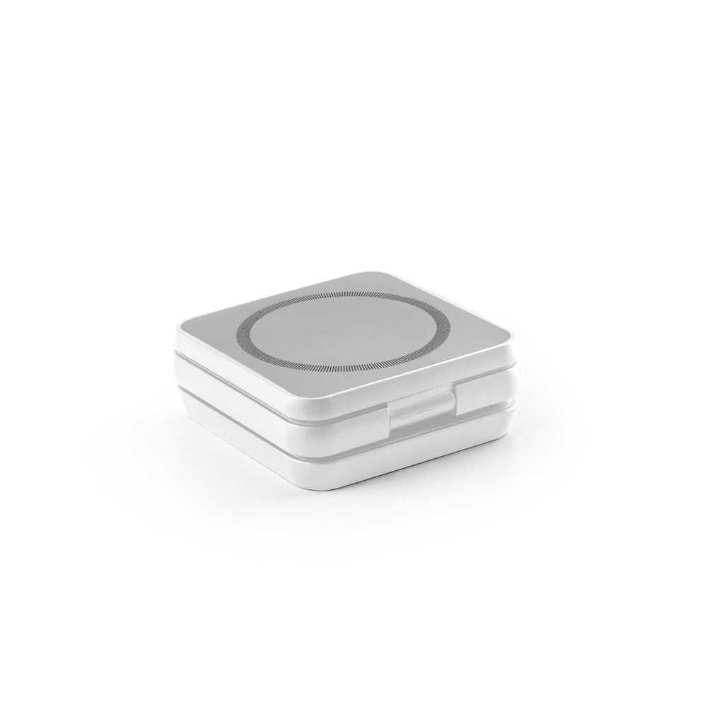 Carregador magnético por indução super-rápido (wireless), dobrável, que permite carregar três dispositivos simultaneamente, em ABS 100% reciclado na cor Branco, personalizado com a logo da empresa