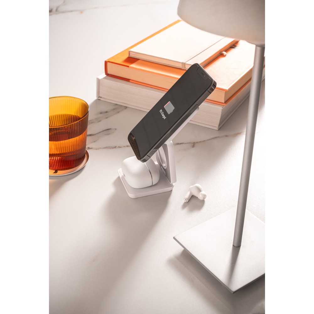 Carregador magnético por indução super-rápido (wireless), dobrável, que permite carregar três dispositivos simultaneamente, em ABS 100% reciclado, foto 3