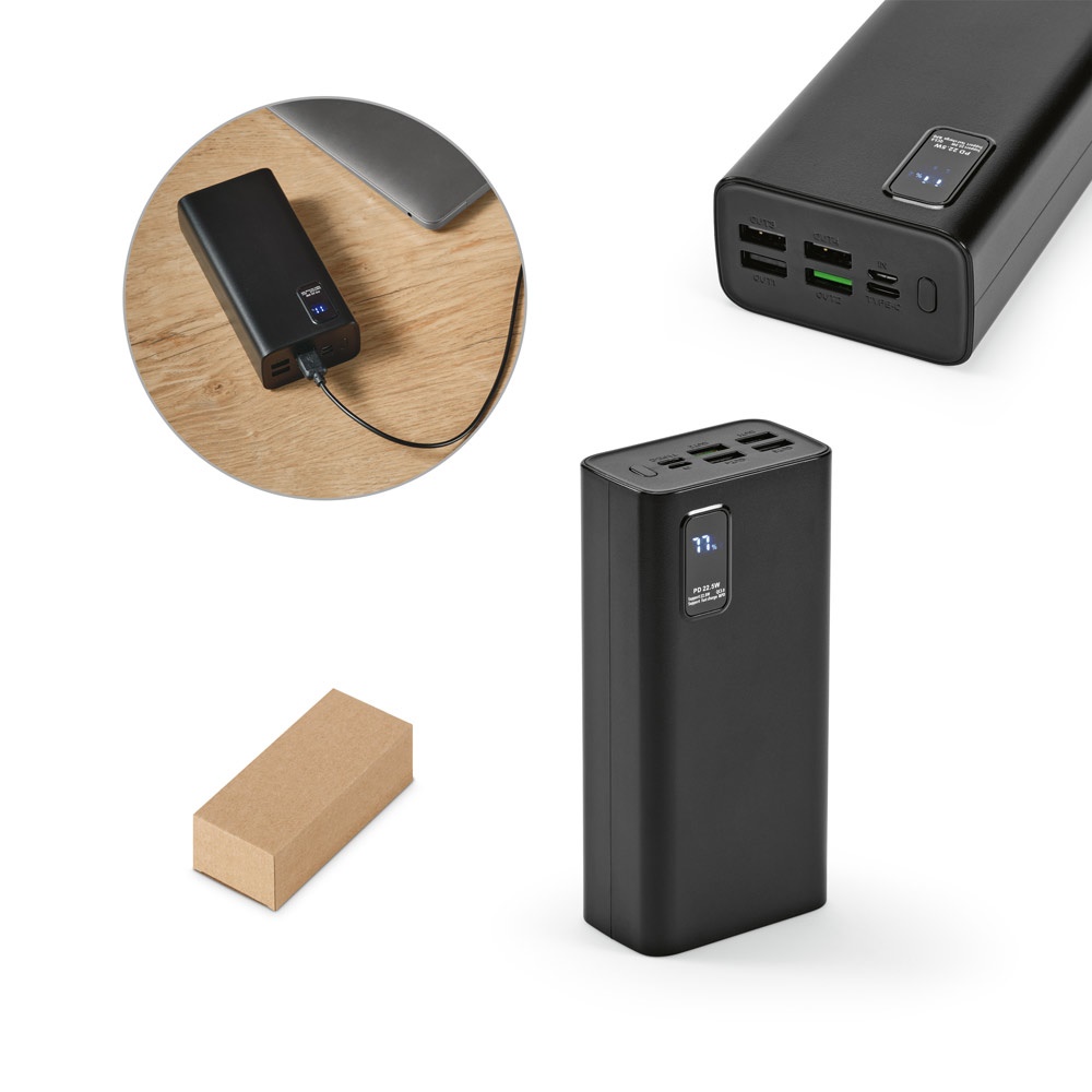 Bateria portátil em ABS 100% reciclado (30.000 mAh) personalizada com a logo da empresa