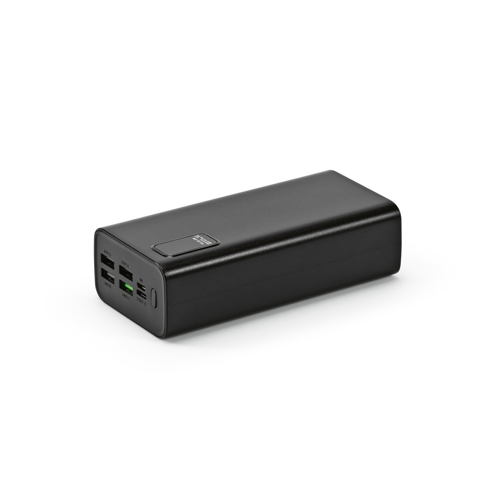 Bateria portátil em ABS 100% reciclado (30.000 mAh) na cor Preto, personalizada com a logo da empresa