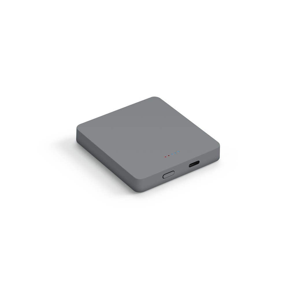 Bateria portátil 5.000 mAh com indução em ABS reciclado na cor Cromado, personalizada com a logo da empresa