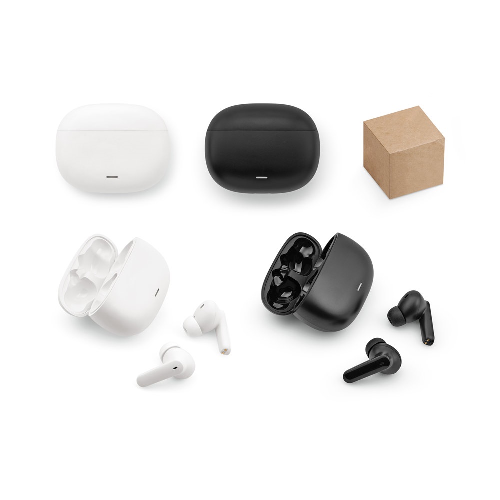 Fone de ouvido wireless com autonomia de 6h, em ABS 100% reciclado personalizado com a logo da empresa
