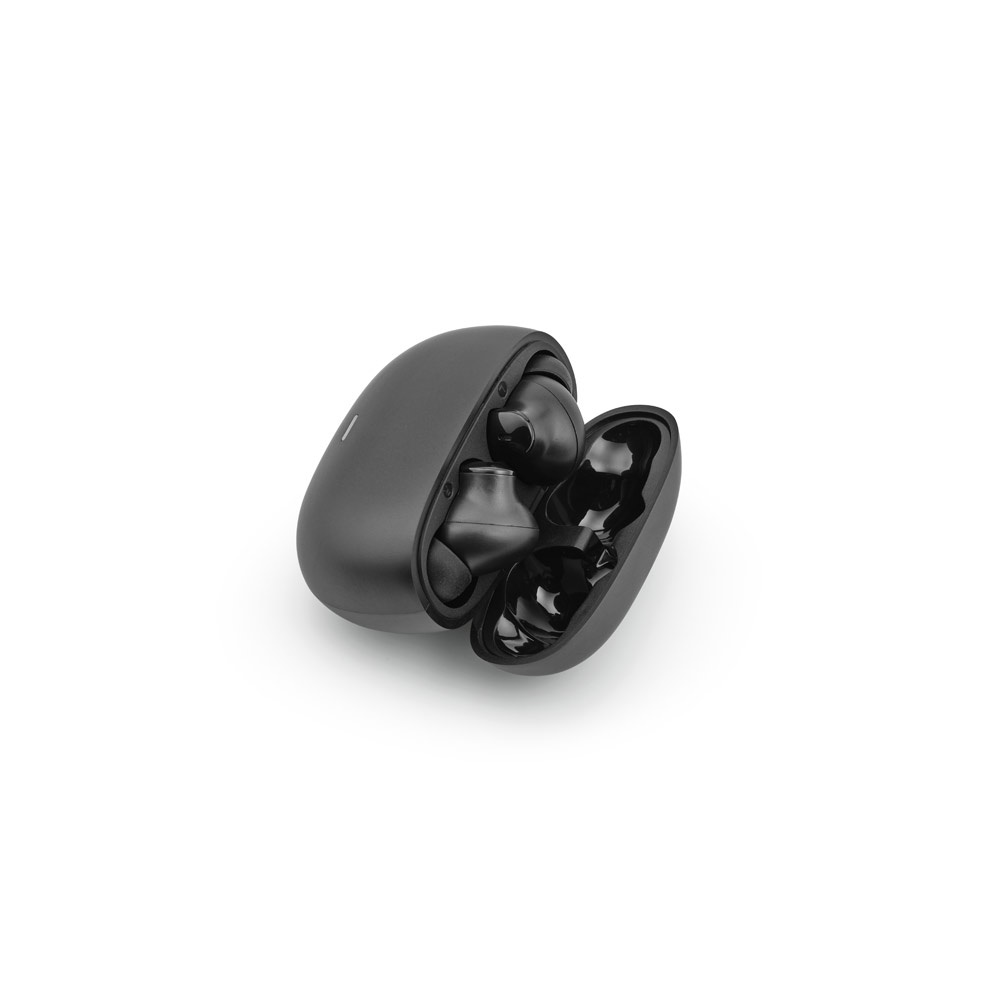 Fone de ouvido wireless com autonomia de 6h, em ABS 100% reciclado na cor Preto, personalizado com a logo da empresa