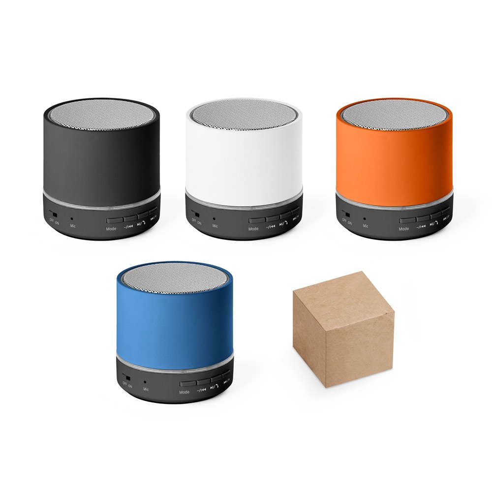 Caixa de som portátil com microfone e entrada AUX em ABS reciclado personalizada com a logo da empresa