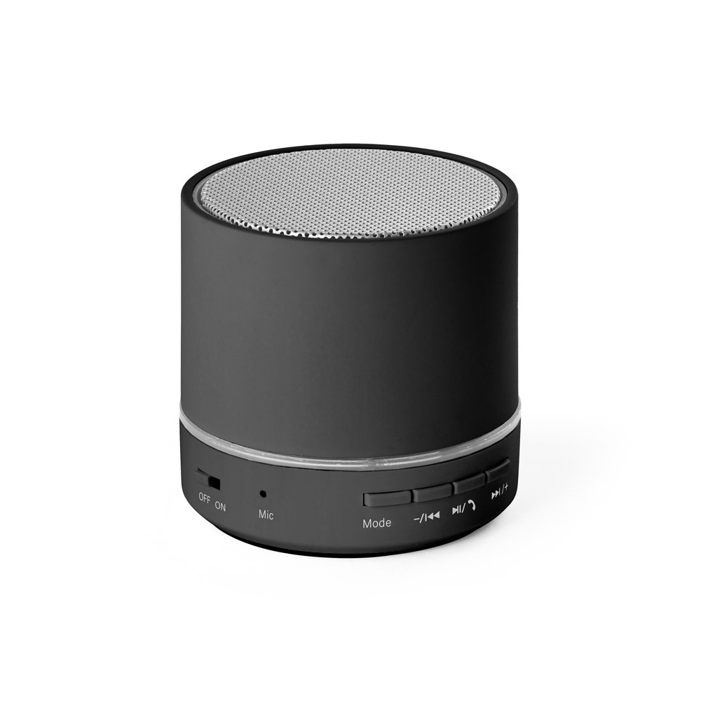 Caixa de som portátil com microfone e entrada AUX em ABS reciclado na cor Preto, personalizada com a logo da empresa