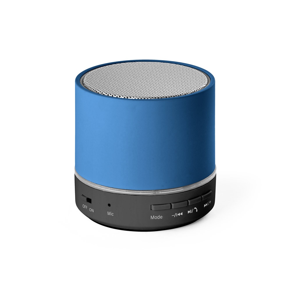 Caixa de som portátil com microfone e entrada AUX em ABS reciclado personalizada com a logo da empresa, na cor azul