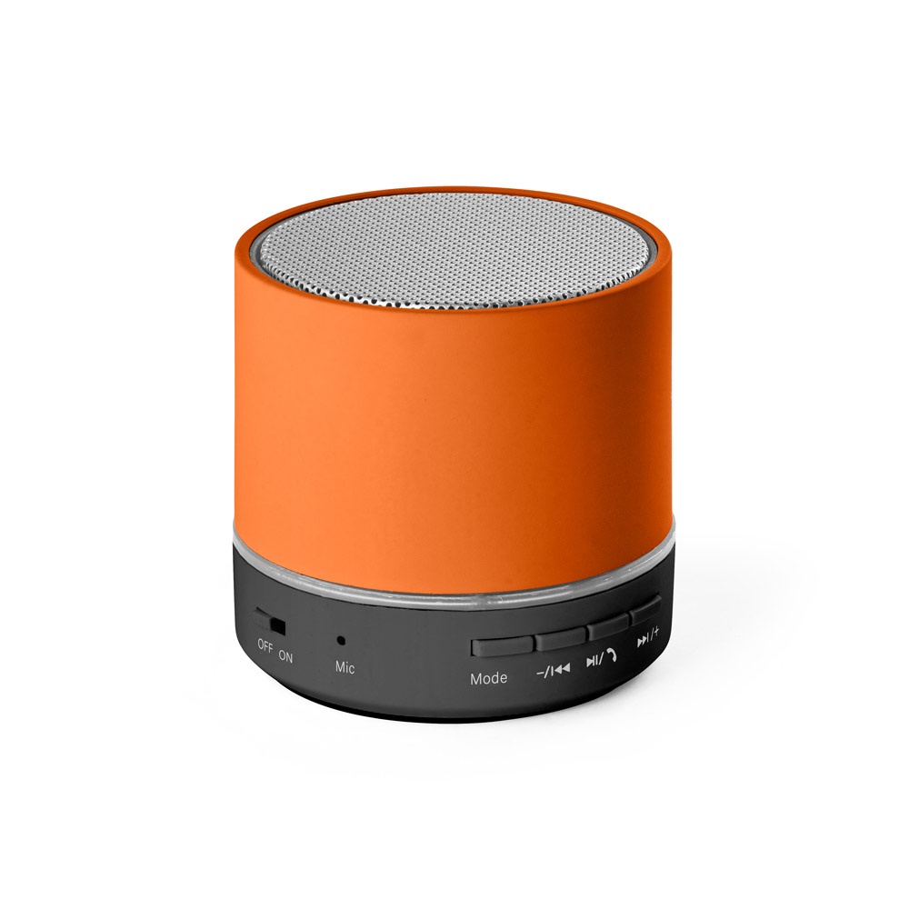 Caixa de som portátil com microfone e entrada AUX em ABS reciclado personalizada com a logo da empresa, na cor laranja