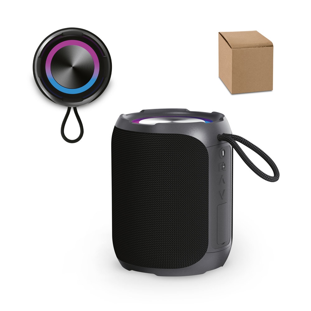Caixa de som à prova de água (IPX6), em ABS 100% reciclado (2.600 mAh) personalizada com a logo da empresa