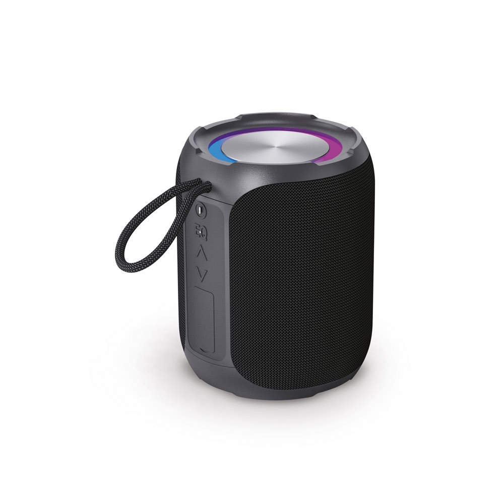 Caixa de som à prova de água (IPX6), em ABS 100% reciclado (2.600 mAh) na cor Preto, personalizada com a logo da empresa