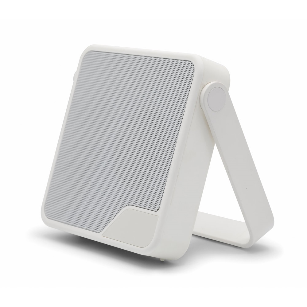 Caixa de som portátil à prova de água IPX7 com autonomia de 11 horas personalizada com a logo da empresa, na cor branco