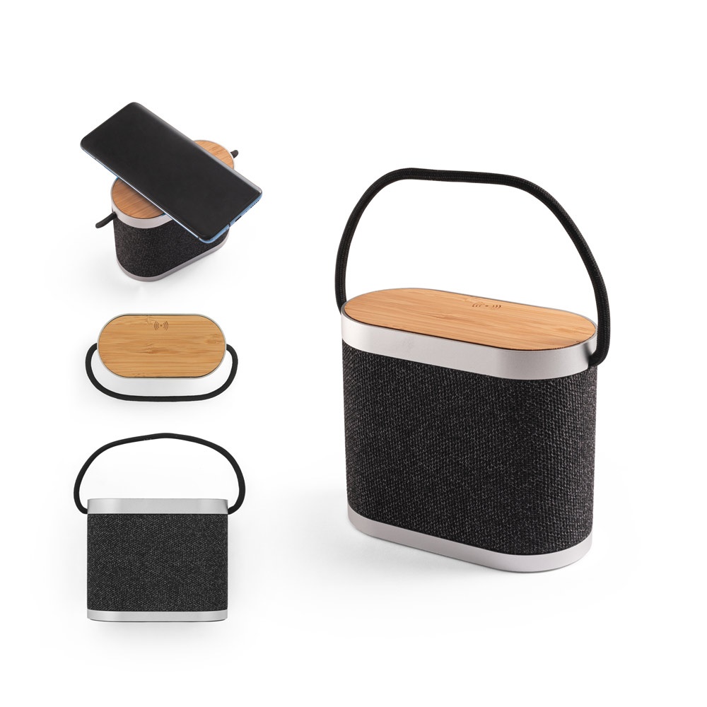 Caixa de som 5 W com carregador por indução em bambu e RPET personalizada com a logo da empresa