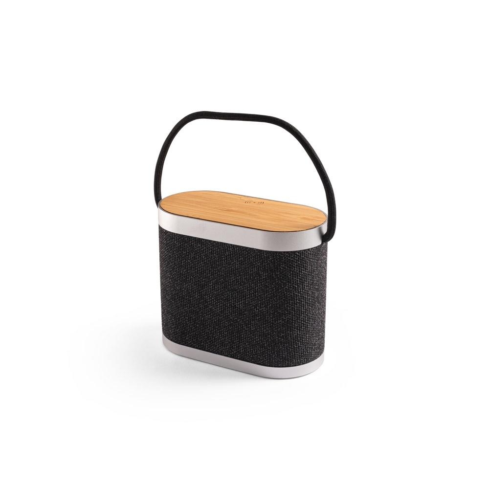 Caixa de som 5 W com carregador por indução em bambu e RPET na cor Cinza escuro, personalizada com a logo da empresa