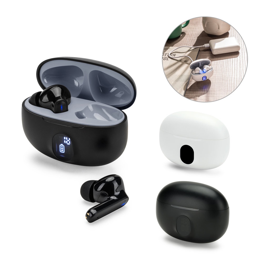 Fones de ouvido wireless em ABS reciclado com visor de carga personalizados com a logo da empresa