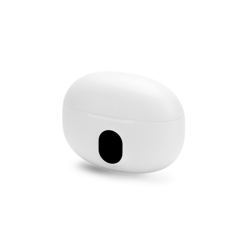 Fones de ouvido wireless em ABS reciclado com visor de carga na cor Branco, personalizados com a logo da empresa