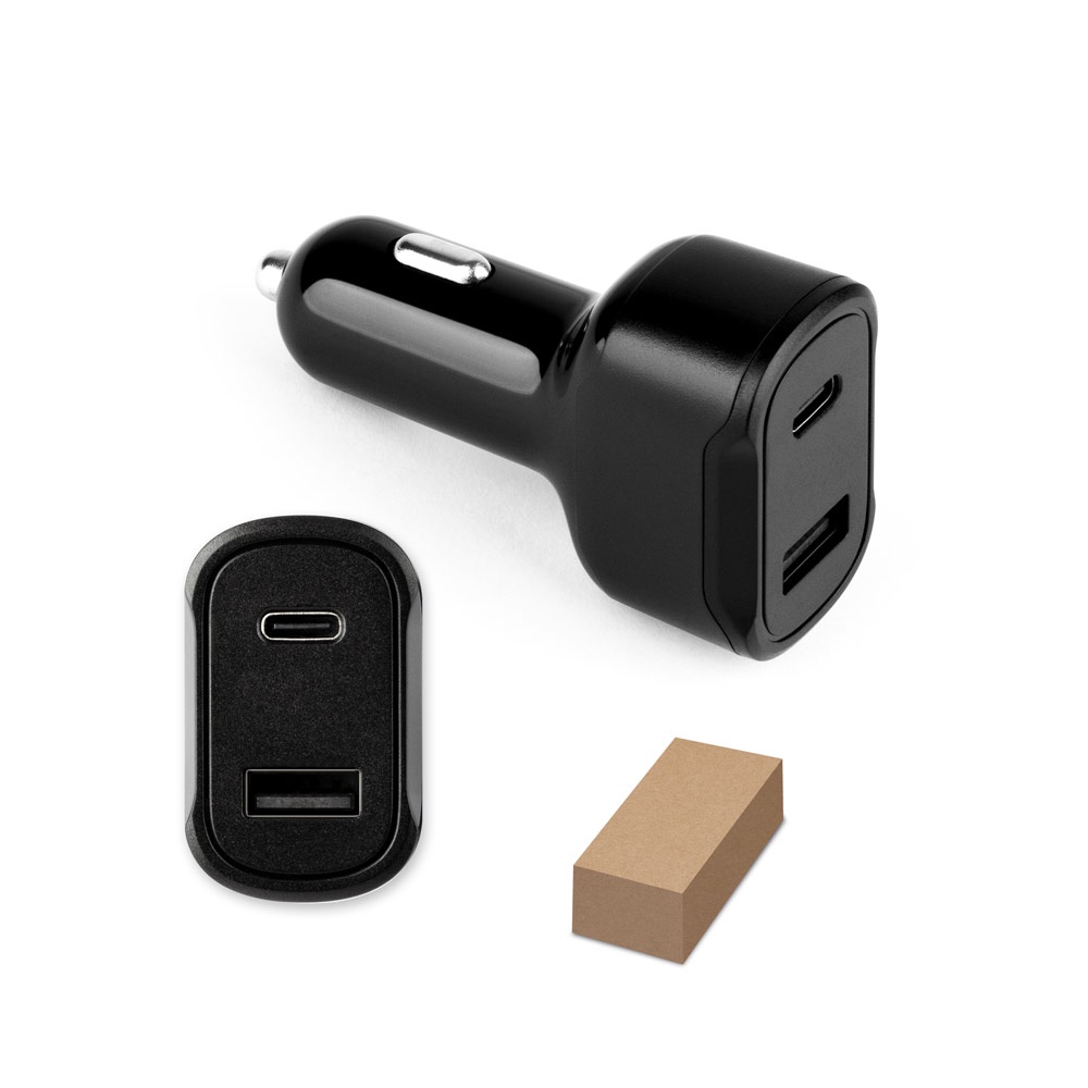 Adaptador veicular USB-A 18 W e USB-C 20 W em ABS reciclado personalizado com a logo da empresa