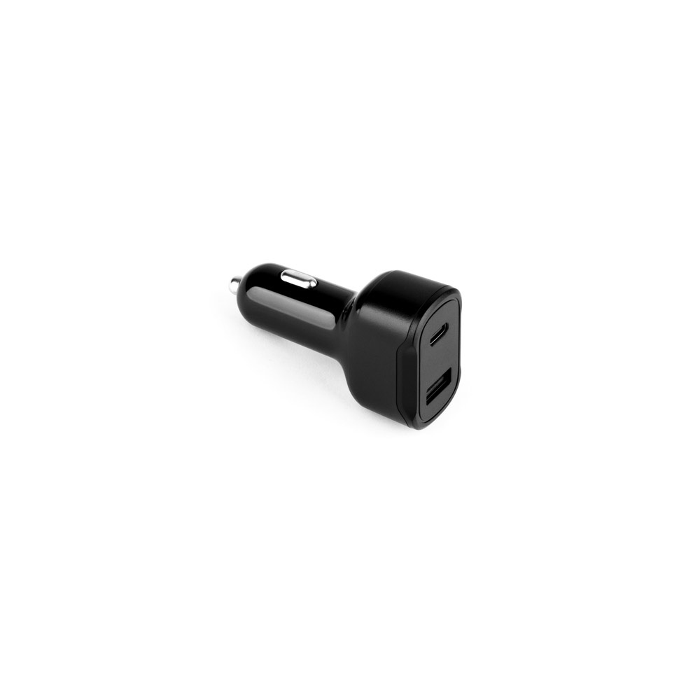 Adaptador veicular USB-A 18 W e USB-C 20 W em ABS reciclado na cor Preto, personalizado com a logo da empresa