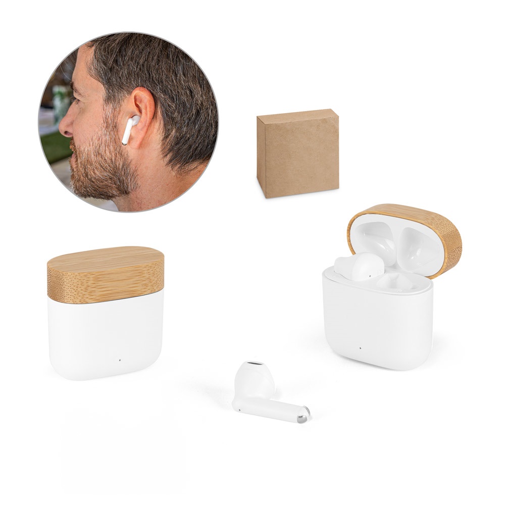 Fones de ouvido wireless em ABS reciclado e bambu personalizados com a logo da empresa
