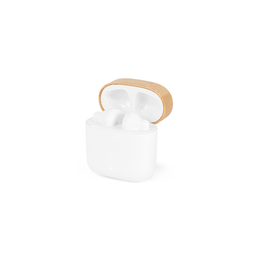 Fones de ouvido wireless em ABS reciclado e bambu na cor Branco, personalizados com a logo da empresa