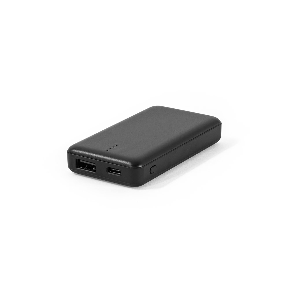 Bateria portátil 4.000 mAh em ABS reciclado compacta com indicador na cor Preto, personalizada com a logo da empresa