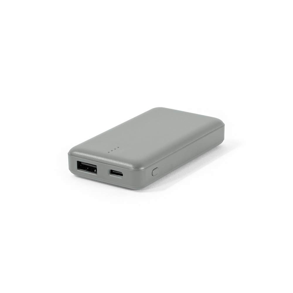 Bateria portátil 4.000 mAh em ABS reciclado compacta com indicador na cor Cinza, personalizada com a logo da empresa