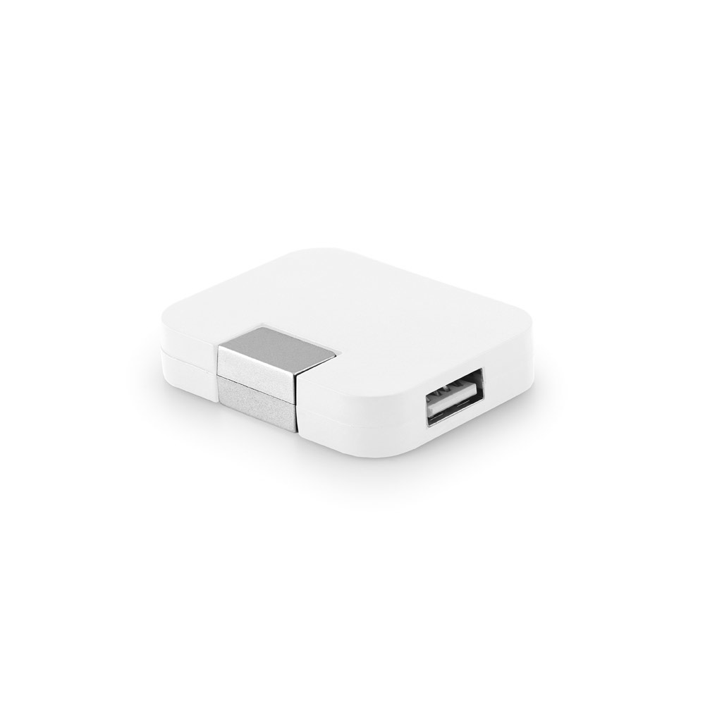 Hub USB 2,0 de plástico com 4 portas na cor Branco, personalizado com a logo da empresa