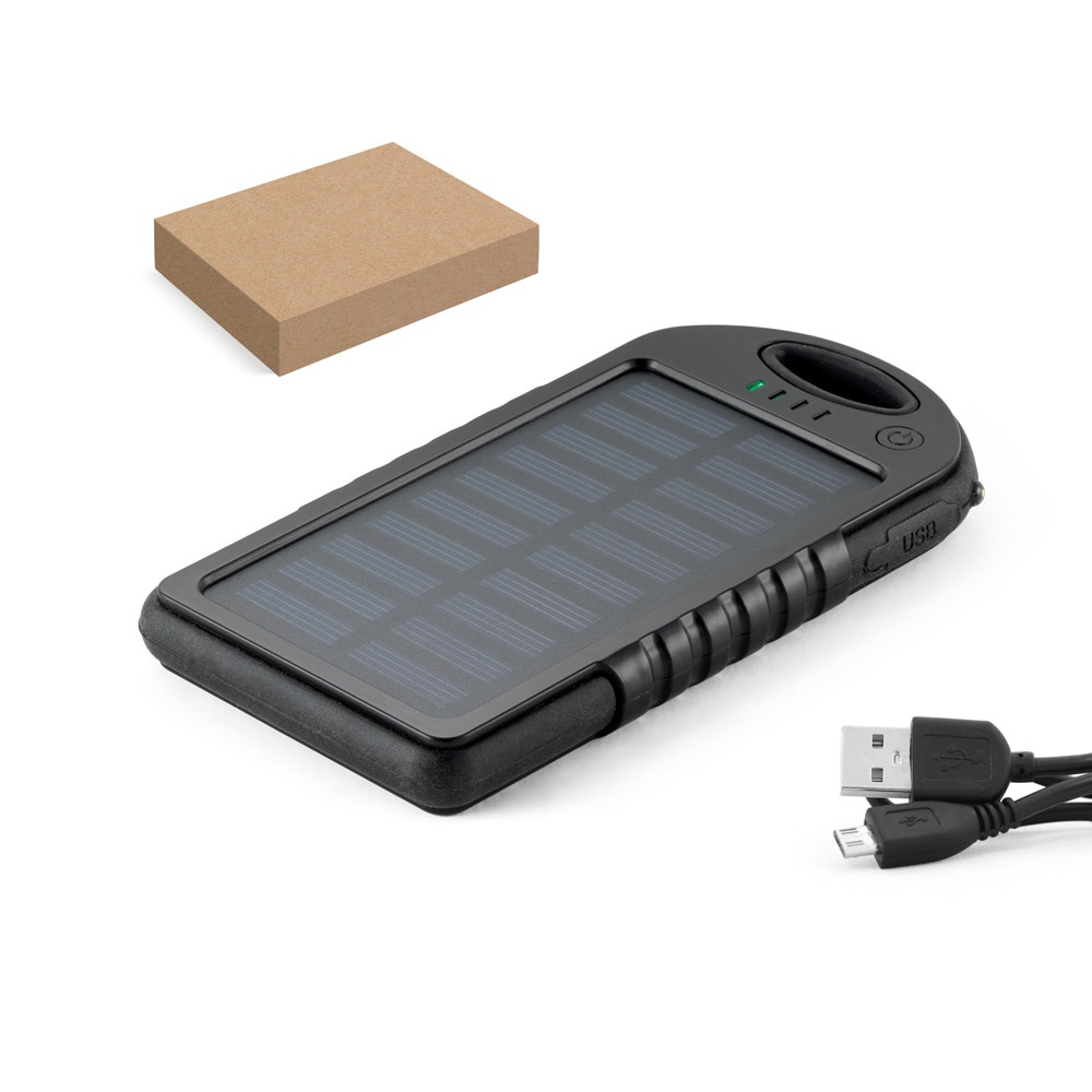 Bateria portátil solar com painel solar e LED em ABS (2.000 mAh) personalizada com a logo da empresa