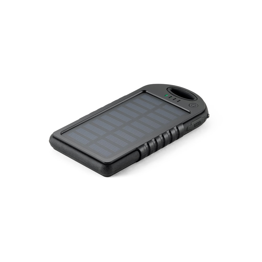 Bateria portátil solar com painel solar e LED em ABS (2.000 mAh) na cor Preto, personalizada com a logo da empresa