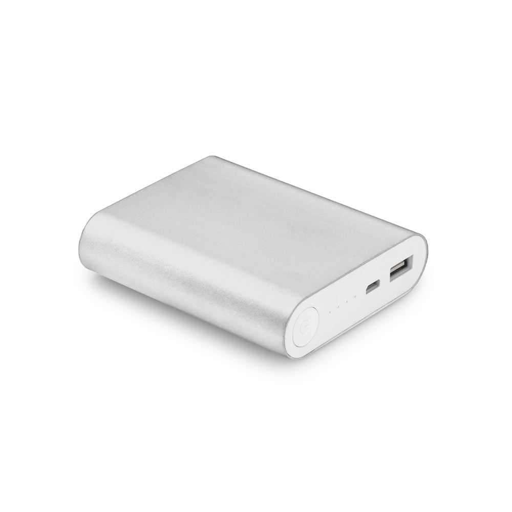 Bateria portátil em alumínio e bateria de lítio (8.000 mAh) personalizada com a logo da empresa, na cor cromado satinado
