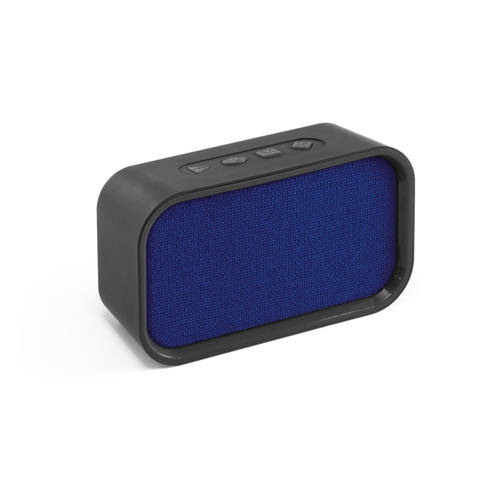 Caixa de som com microfone e autonomia de 2h, em ABS personalizada com a logo da empresa, na cor azul