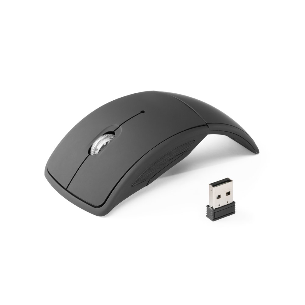 Mouse wireless dobrável 2,4G. emborrachado em ABS na cor Preto, personalizado com a logo da empresa