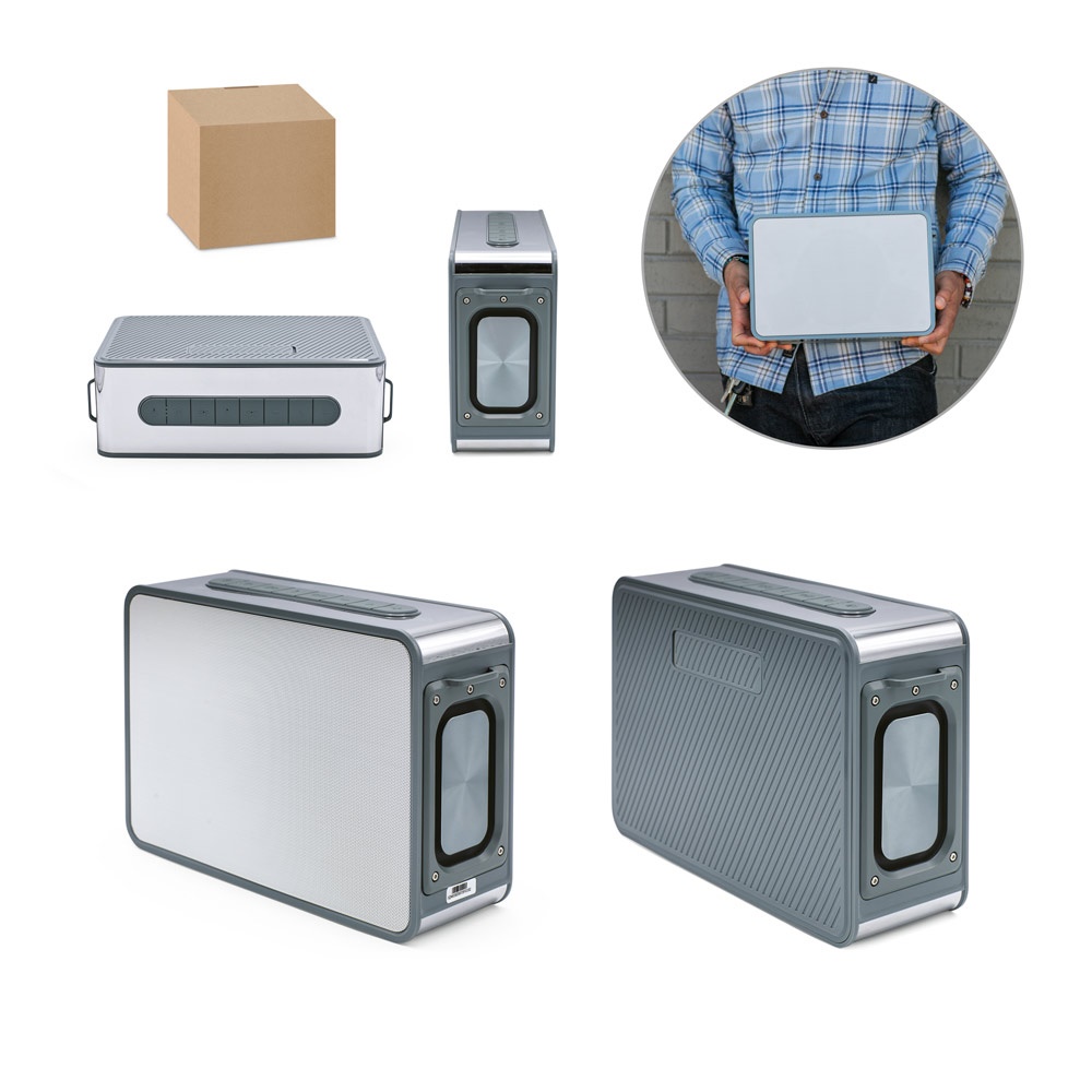 Caixa de som 80 W com autonomia de 7 horas em ABS reciclado personalizada com a logo da empresa