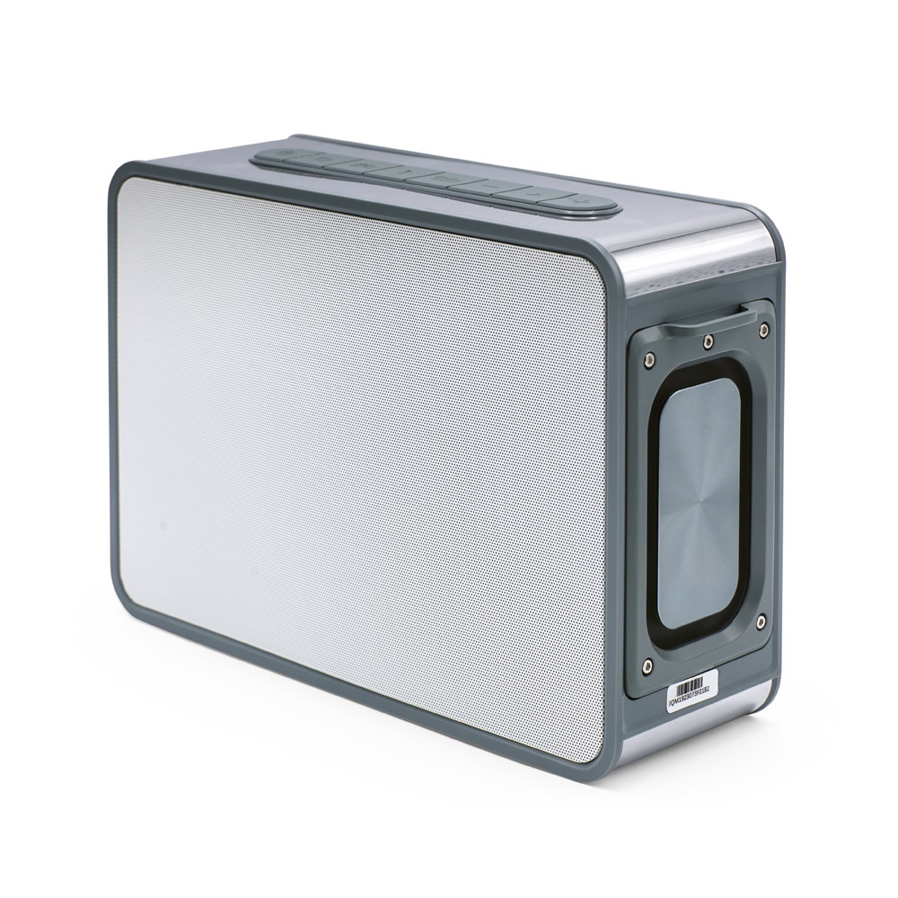 Caixa de som 80 W com autonomia de 7 horas em ABS reciclado na cor Cromado, personalizada com a logo da empresa