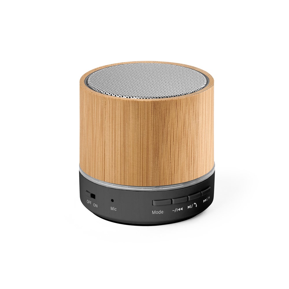 Caixa de som portátil com microfone em bambu e ABS reciclado personalizada com a logo da empresa