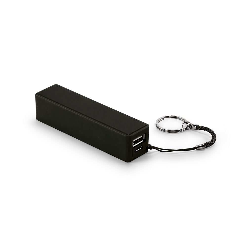 Bateria portátil em ABS (1.600 mAh) na cor Preto, personalizada com a logo da empresa