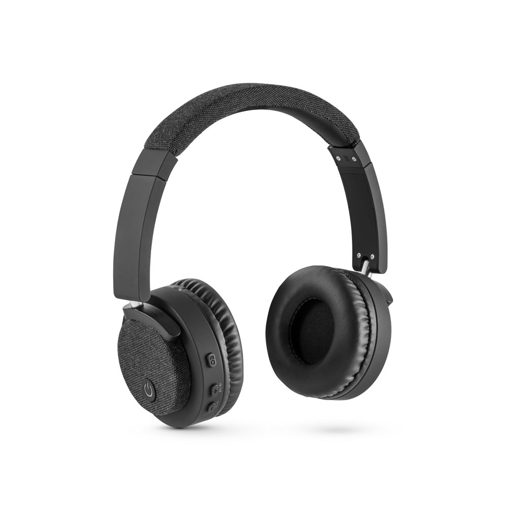 Fones de ouvido sem fios com autonomia de 16h, em ABS e tecido na cor Cinza escuro, personalizados com a logo da empresa