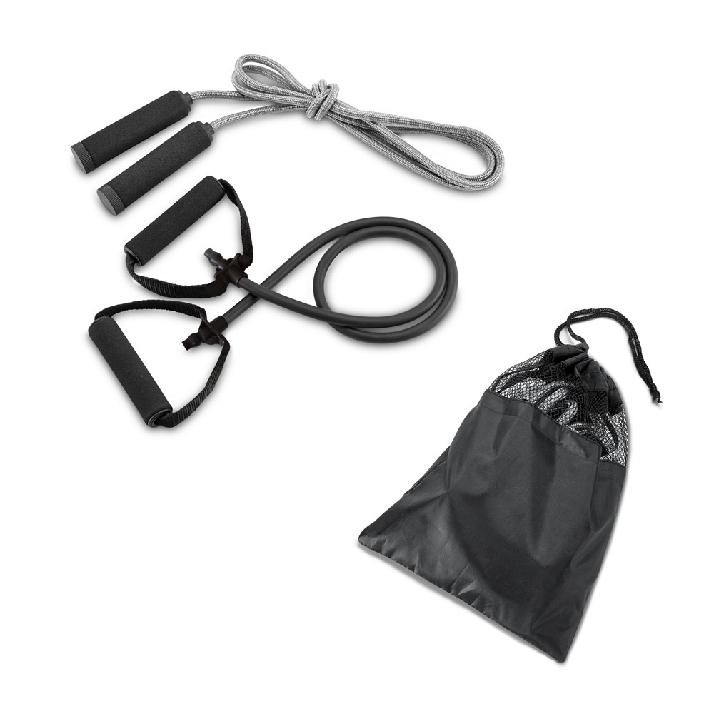 Conjunto fitness composto por elástico e corda de pular personalizado com a logo da empresa