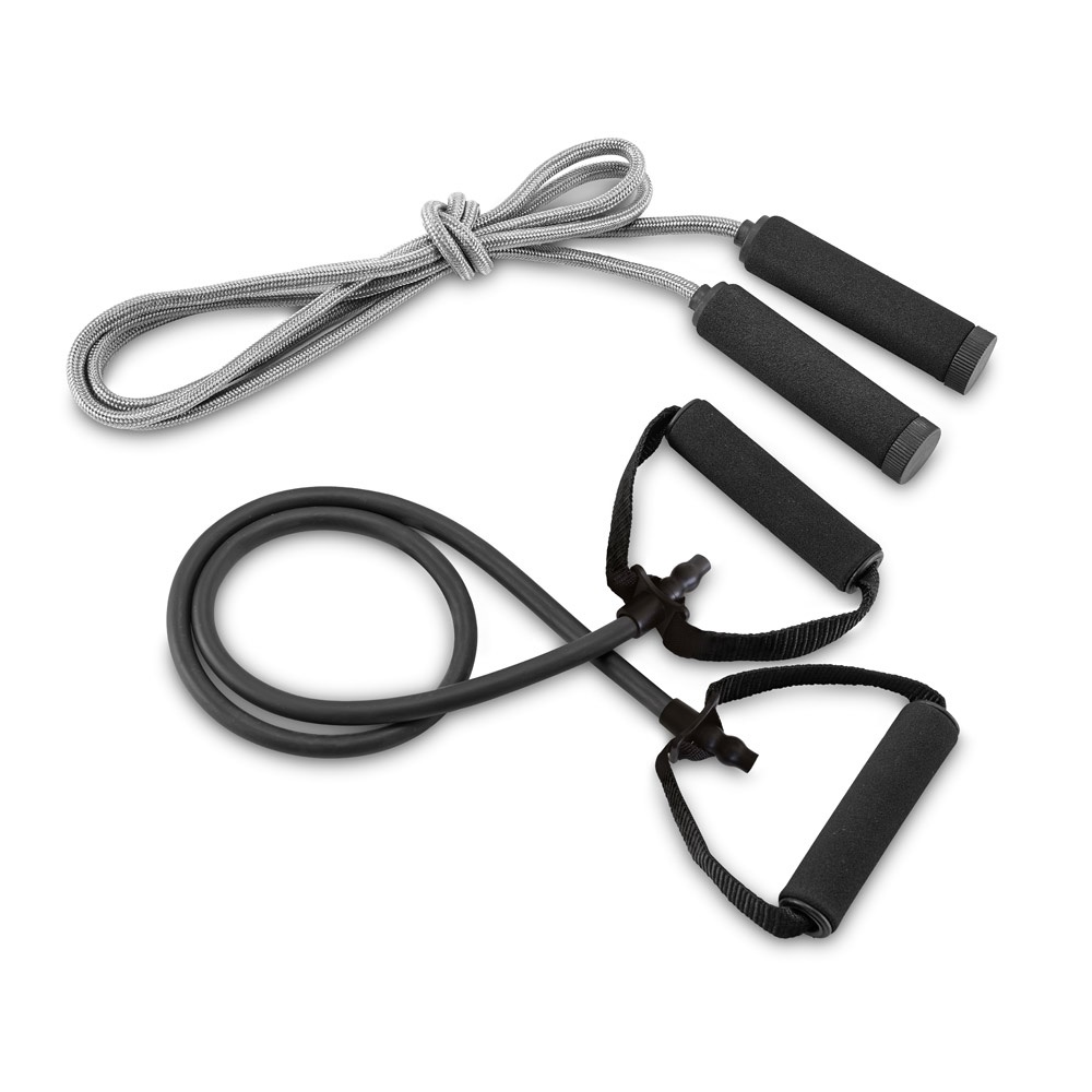 Conjunto fitness composto por elástico e corda de pular