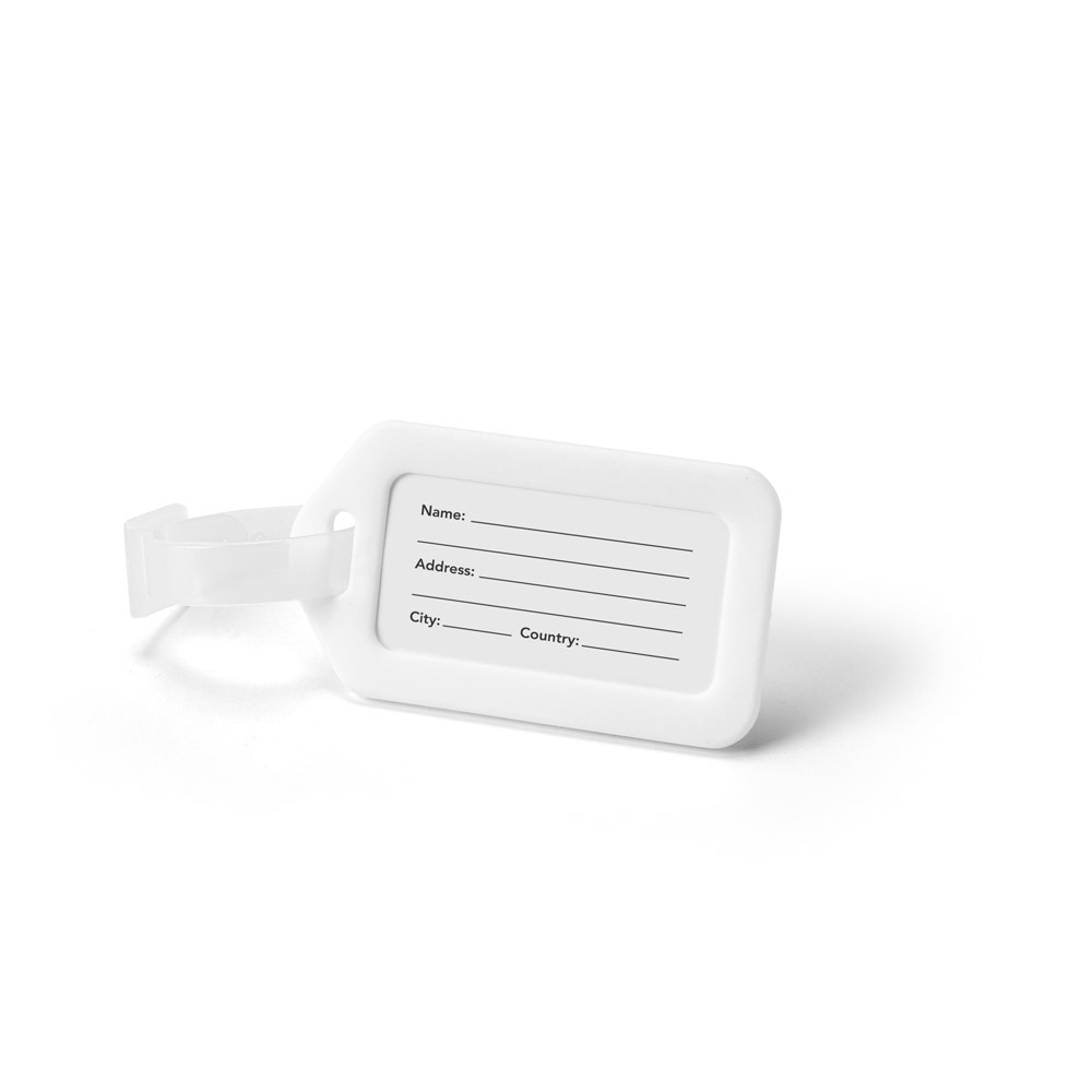 Identificador de bagagem em PP na cor Branco, com a logo da empresa