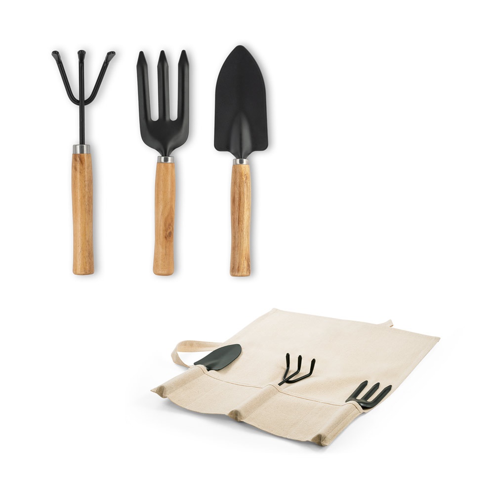 Conjunto de jardinagem com 3 ferramentas e bolsa de algodão personalizado com a logo da empresa